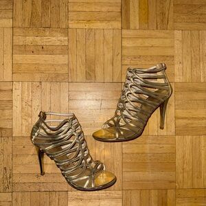 Stuart Weitzman Gold Strappy Heels with Ankle Straps